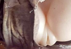 With toys in retro blue films and cum