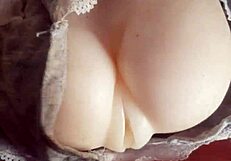 With toys in retro blue films and cum