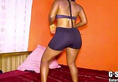 Hot ebony babe with big butt dances and teases in solo homemade striptease party