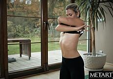 This blonde milf practices naked yoga with close-up stretches