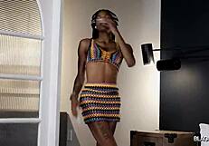 black tgirl ms amiyas strips and masturbates, ripping clothes to please you.