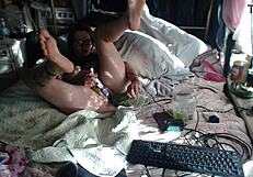 Milf uses zucchini in casual kitchen play