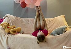 Busty beauty takes selfies while playing with toys and shaved pussy