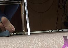 Wife's candid library moments featuring shoeplay, nude nylons, and blue jean flats