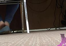 Wife's candid library moments featuring shoeplay, nude nylons, and blue jean flats