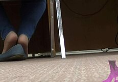Wife's candid library moments featuring shoeplay, nude nylons, and blue jean flats