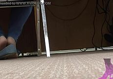 Wife's candid library moments featuring shoeplay, nude nylons, and blue jean flats