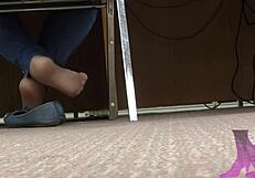 Wife's candid library moments featuring shoeplay, nude nylons, and blue jean flats