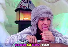 Sloppy blowjob in snowy POV