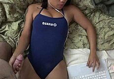 Social Handjob on Media in Swimsuit