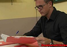 Bound milf's pussy tormented in classroom before anal bang