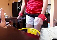 Young teen babe engages in hardcore dildo play on webcam with various toys