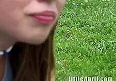 Little April Rubs Pussy and Natural Tits in Public Comfort Room