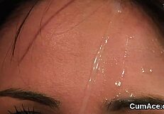 sexy stunner in blowbang gets facial bukkake while sucking jizz