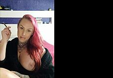 sensual tattooed babe with big natural tits smokes and teases in webcam fetish