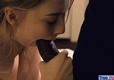 blonde babe sucks and fucks big black cock to creampie