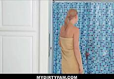blonde stepmom surprised by stepson through shower curtain