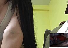 Taking turns and teasing big boobs through webcam and aimlessly ejaculating in a bin