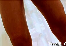 Sinful brunette teen prepares shaved pussy for intense blowjob and cumshot