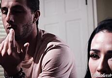 In this threesome, the hot ebony girl with nice tits gets involved in interracial sex.