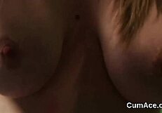 Feisty centerfold feels intense pleasure from jizz facial and cum swallowing