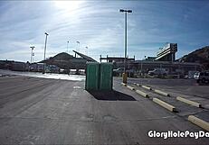 Tattooed Girl Performs Blowjob And Swallow On Strangers Through Portable Restroom Gloryhole For Cash