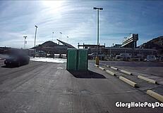 Tattooed Girl Performs Blowjob And Swallow On Strangers Through Portable Restroom Gloryhole For Cash