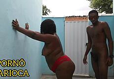 Work friends throw backyard orgy with skinny guy cumming on fat BBW's tits