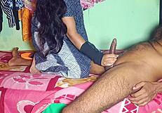 A Indian couple in their early twenties cuddle after the girlfriend has blown her boyfriend and then anally sexed him