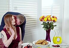 Cumshot deepthroat with redhead in stockings