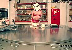 stormtrooper squirts while trying to cook in kitchen