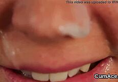 hey, check this peculiar centerfold swallowing cumshot juice all over her face, wow!