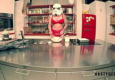 stormtrooper squirts while trying to cook in kitchen