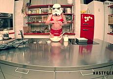 stormtrooper squirts while trying to cook in kitchen
