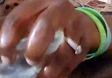 Ebony self pleases her ass