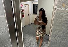 Laydy says, 'I want to fuck you now,' after elevator meeting, leading to bedroom blowjob and fucking.