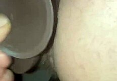 Wife uses big black toy on husband for creampie push