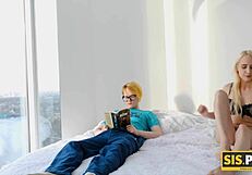 teen 18+ boy drilling shaved pussy of stepsister cowgirl with relaxed husband watching