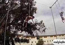 lovely badass babes, blonde and brunette, enjoyed swinging naked outdoors in this reality scene.