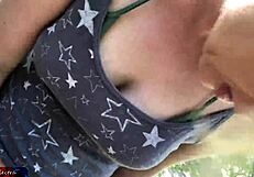 Blonde teen rides gardener for cum facial in backyard