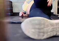 Training In Gym Gets Wet Dripping On Legs In Public