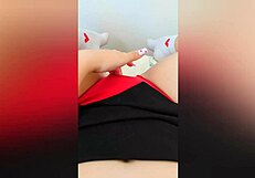 Young Asian girl fingering herself wearing red lingerie at home
