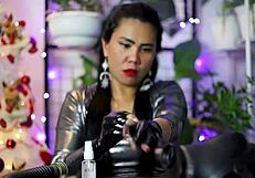 Detailed exploration of black latex gloves in fetish ASMR