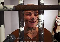 MILF in stockings sucks his cock.