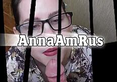 Secretary Anna kneels and gives her boss a passionate blowjob in the office.