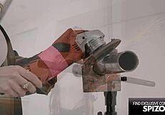 Naughty slut Josephine Jackson's workshop pussy pounding