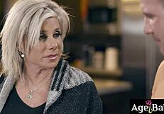 Older MILF gags on young man's cock, making it wet for her mature pussy. Can she handle the pounding?