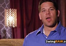 Amateur couples begin their sensual sex game. They kiss and play in group.