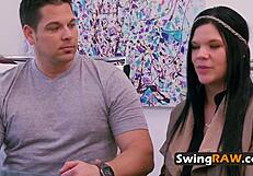 Amateur couples begin their sensual sex game. They kiss and play in group.