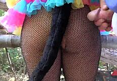 Asian handjob results in facial in the woods